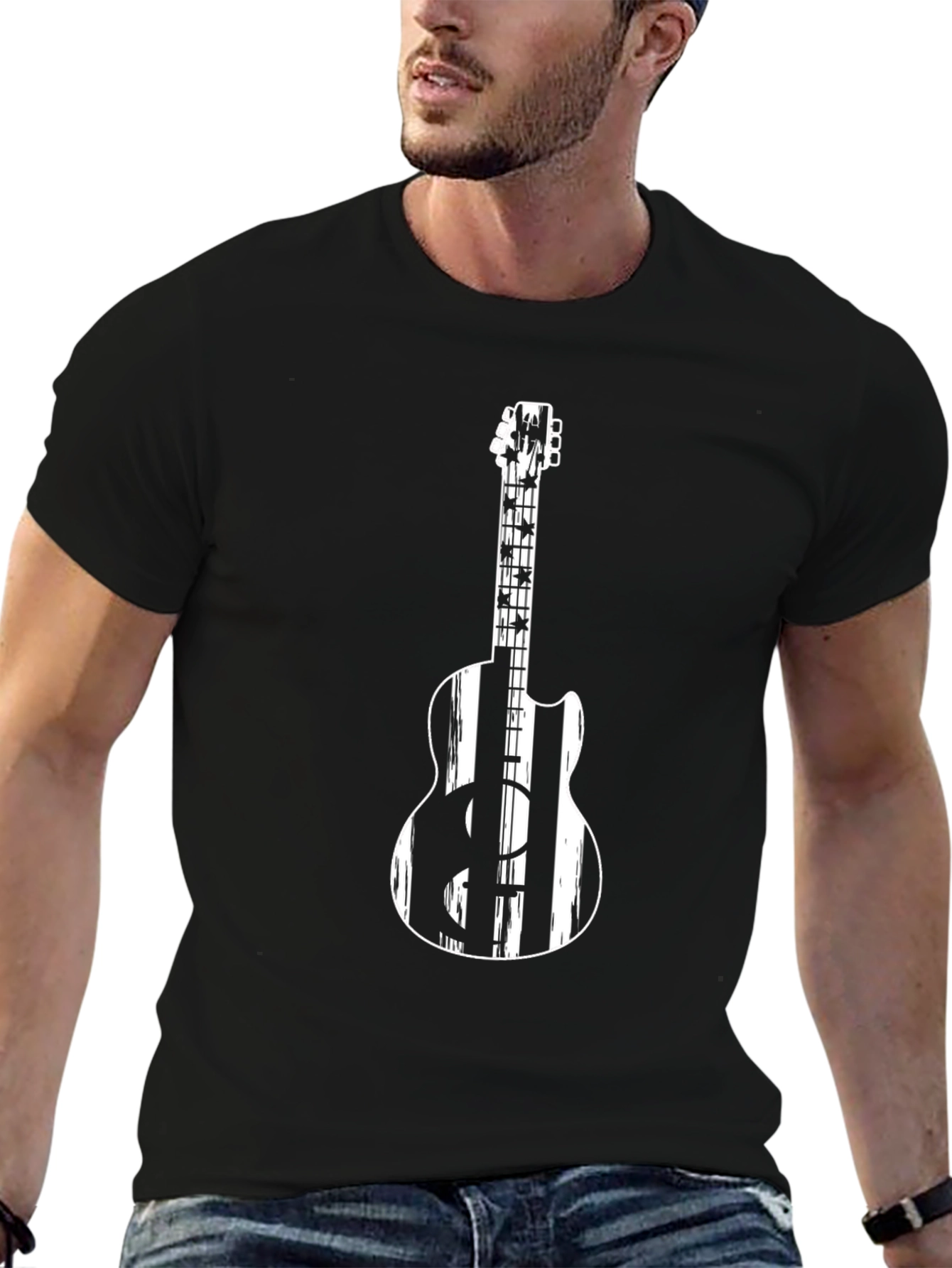 Guitar Graphic Tee - Black Crew Neck T-Shirt