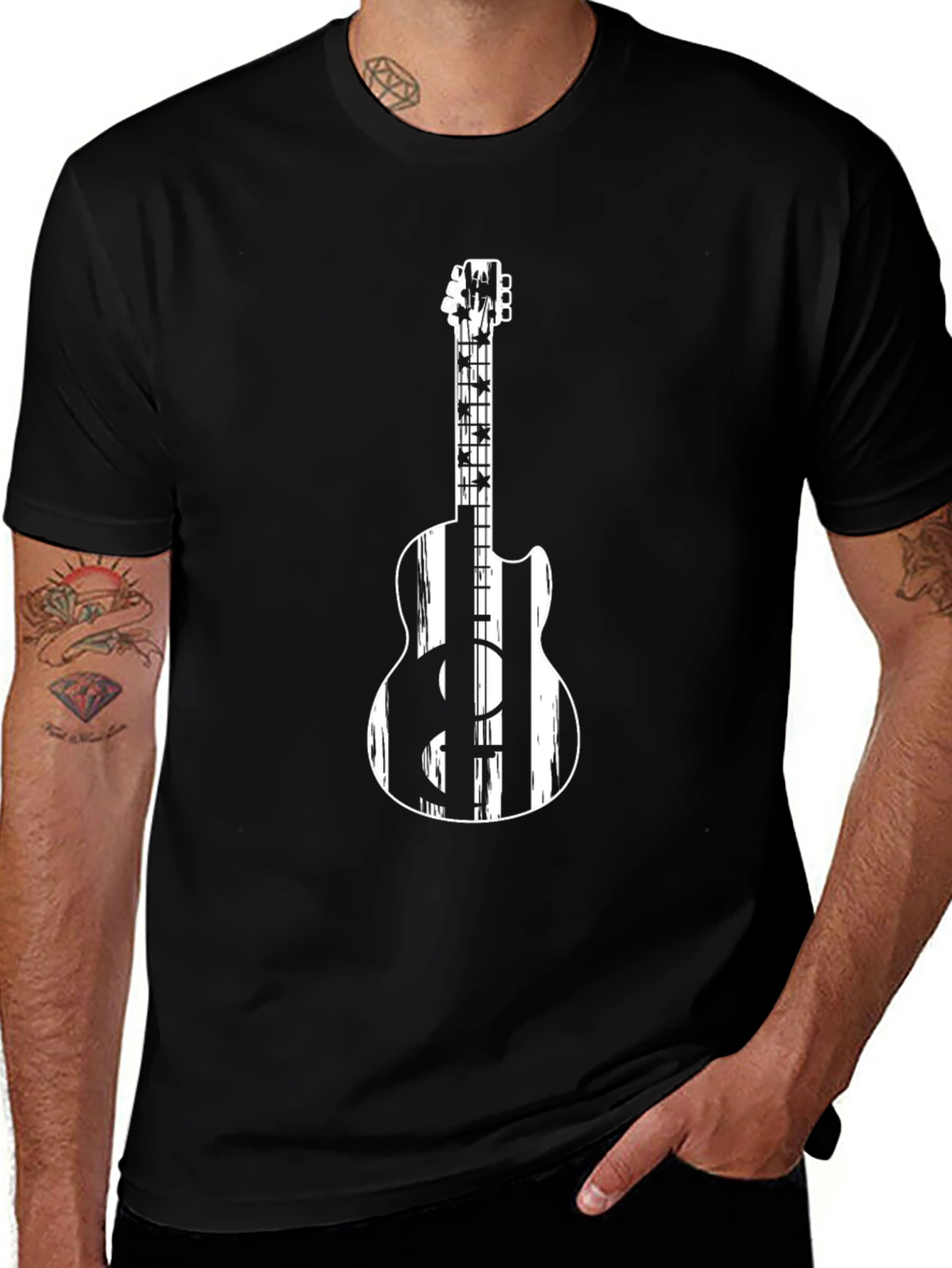 Guitar Graphic Tee - Black Crew Neck T-Shirt