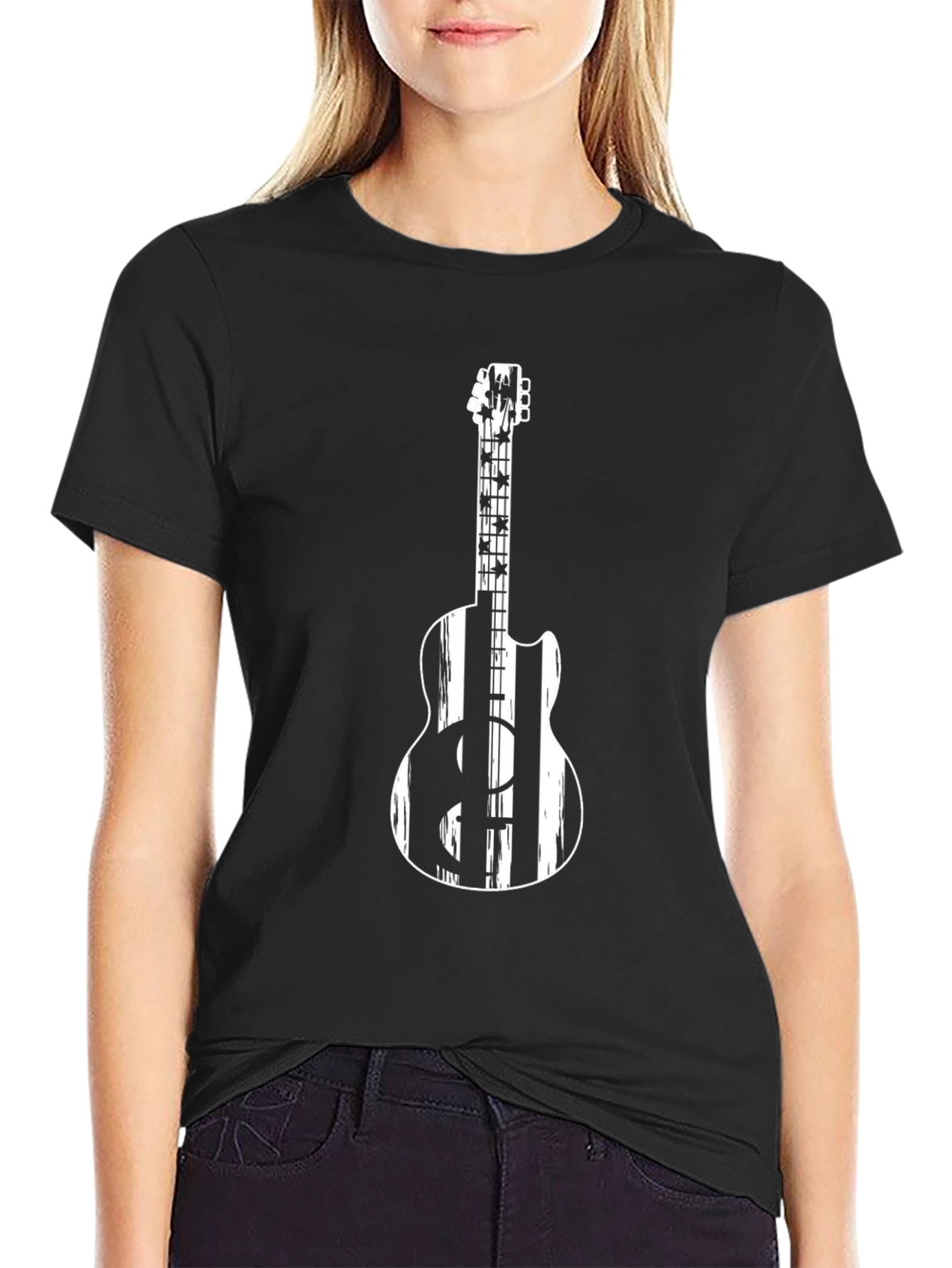 Guitar Graphic Tee - Black Crew Neck T-Shirt