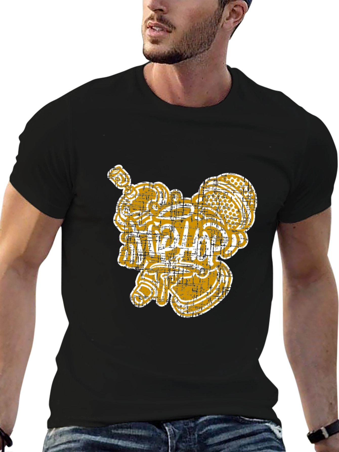 Unique Graphic Print Black Cotton Tee