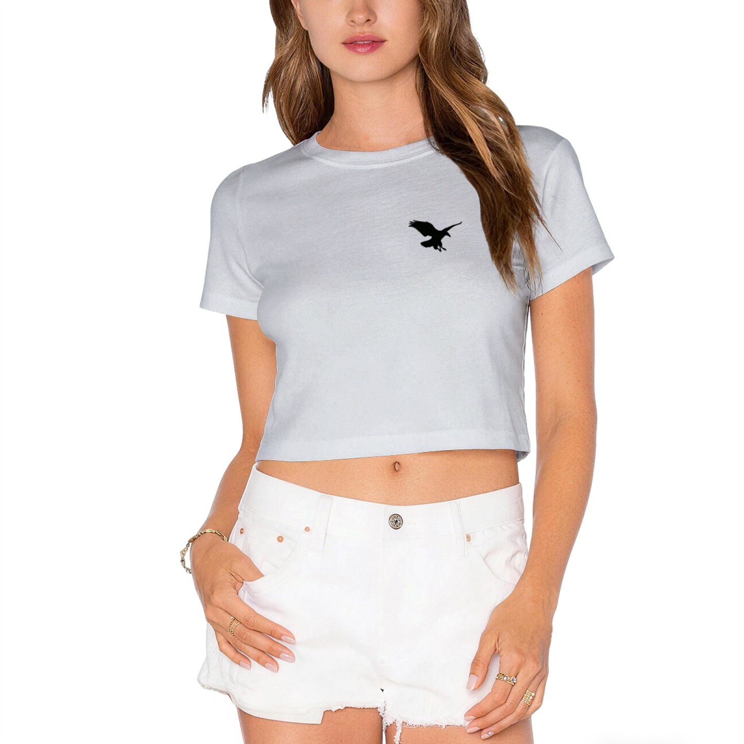 Minimal Flying Eagle Small Chest Print Casual White Crop Top