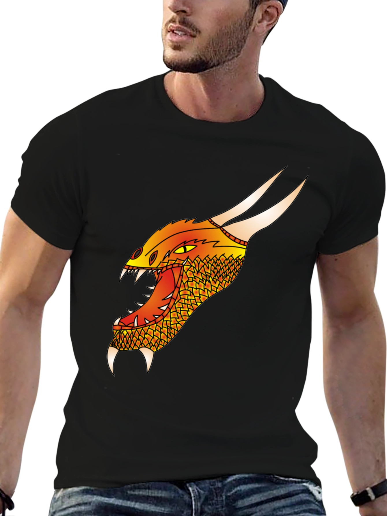 Dragon Head Graphic Tee - Black Cotton T-Shirt