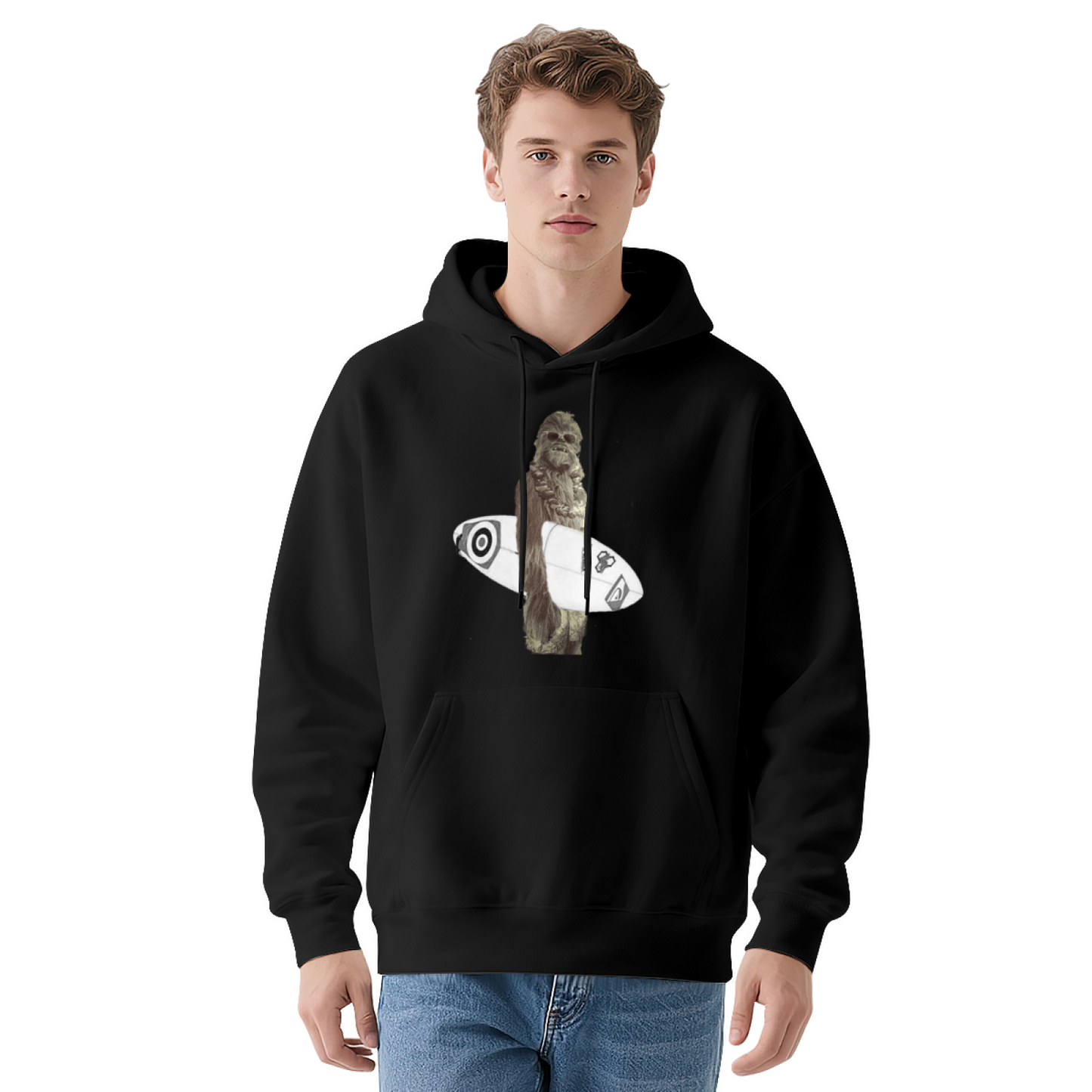 Retro Chewbacca Surfboard Graphic Gray Hoodie, Lightweight & Comfortable