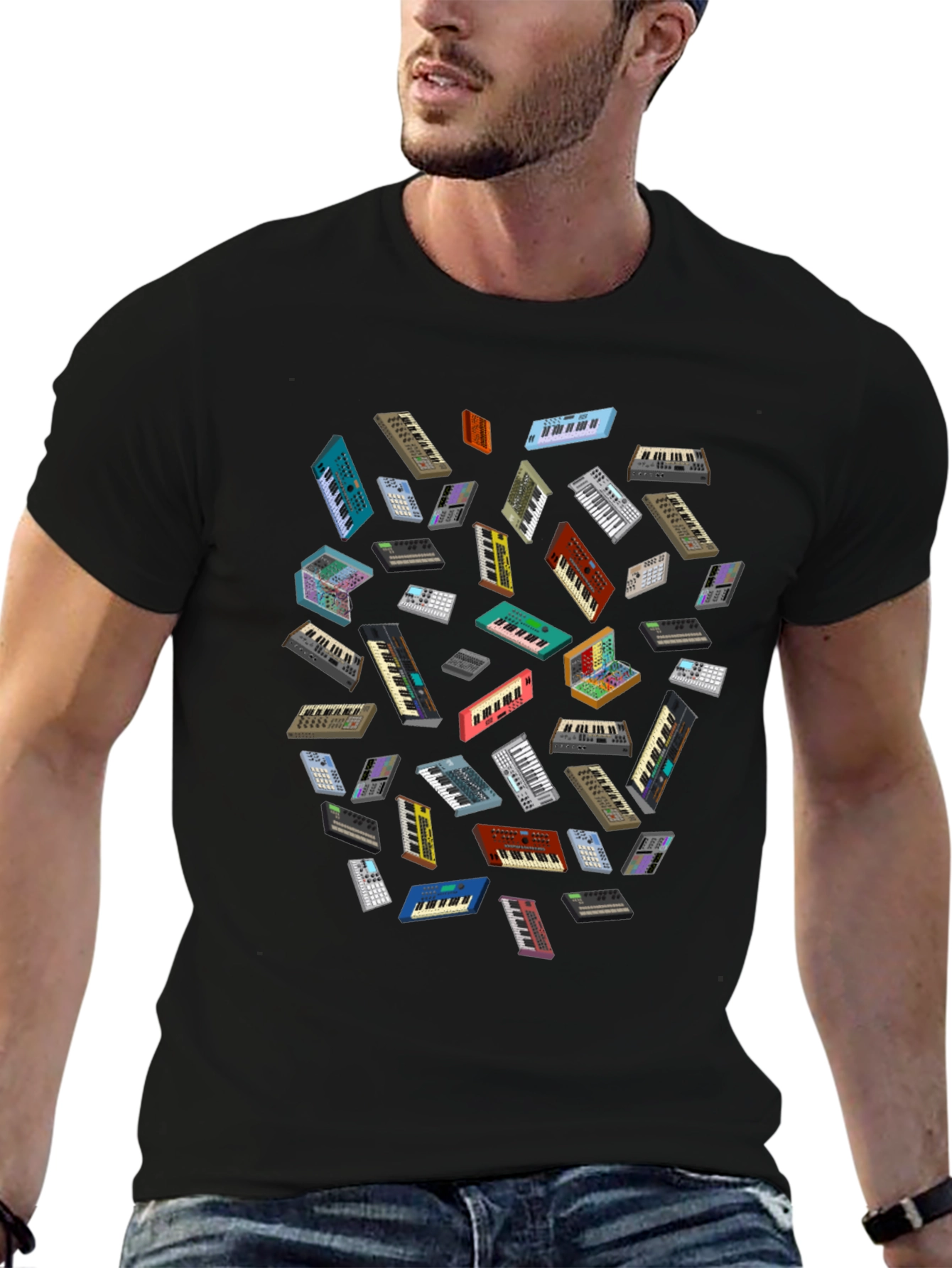 Synth Keyboard Patterned Black T-Shirt
