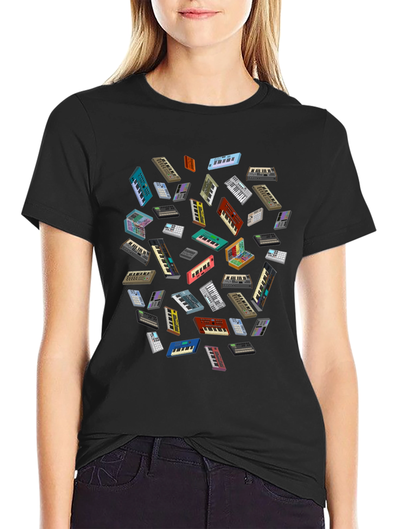 Synth Keyboard Patterned Black T-Shirt