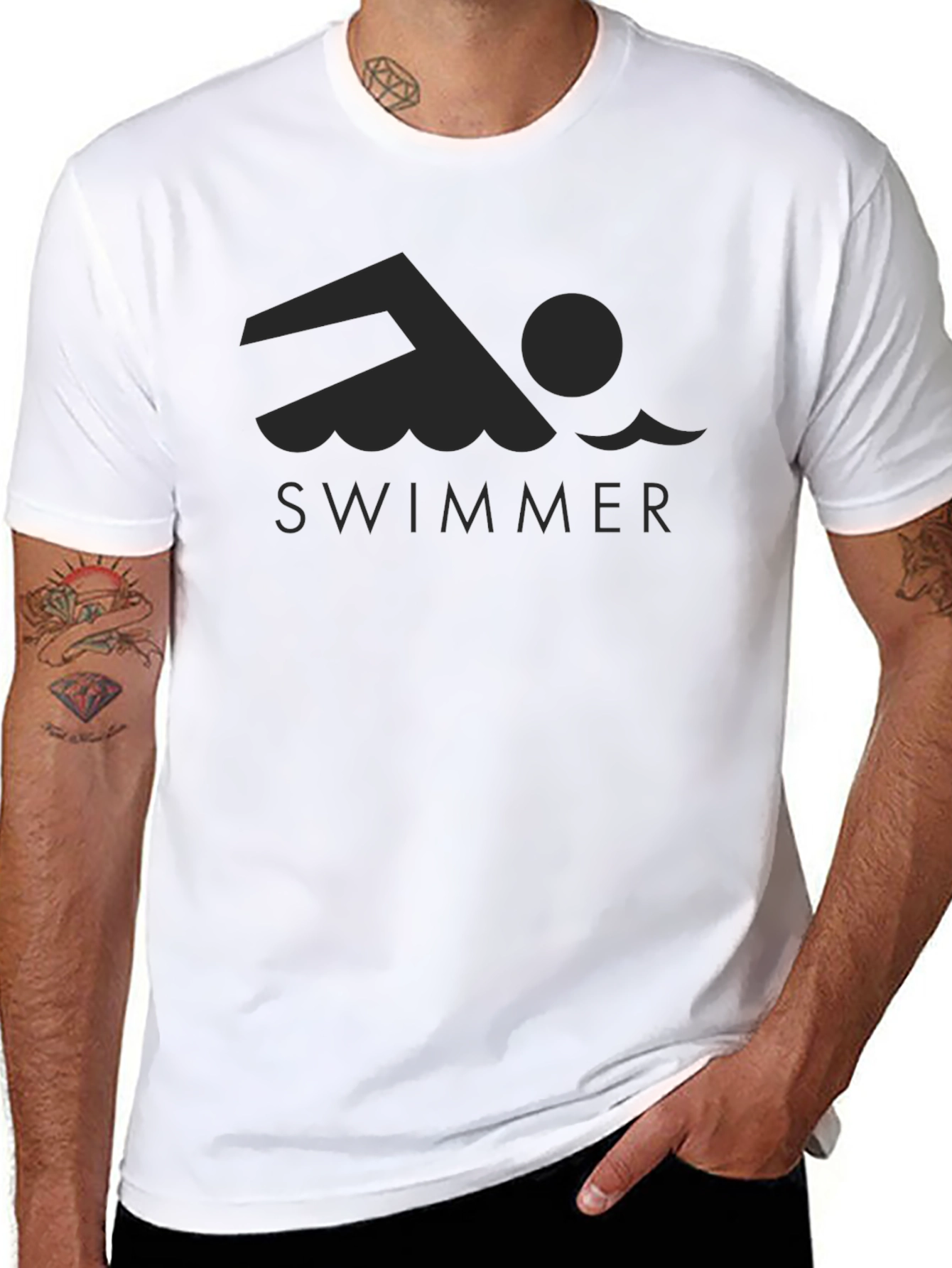 Swimmer Graphic Tee - Black Crew Neck T-Shirt