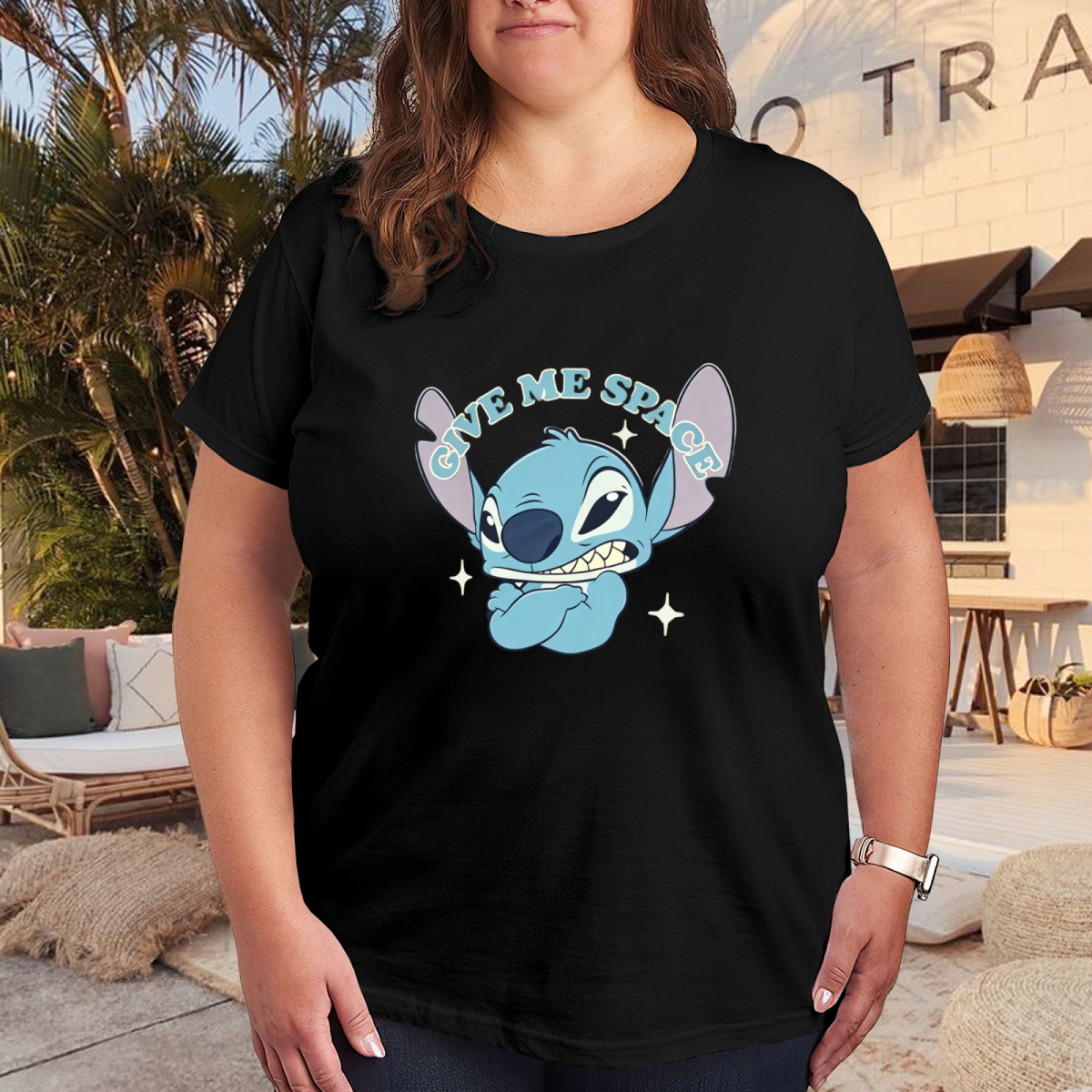 Sassy ¡°Give Me Space¡± Stitch Plus?Size Black Ladies Tee