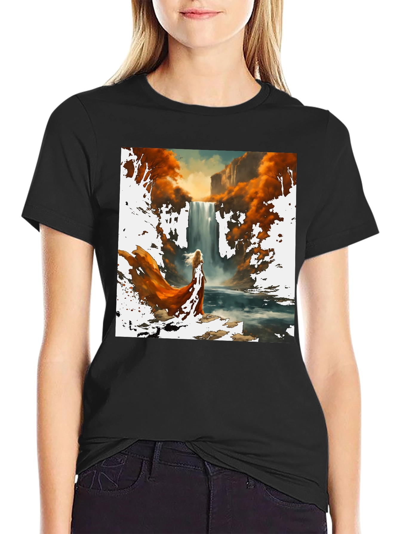 Waterfall Art Print Black T-Shirt