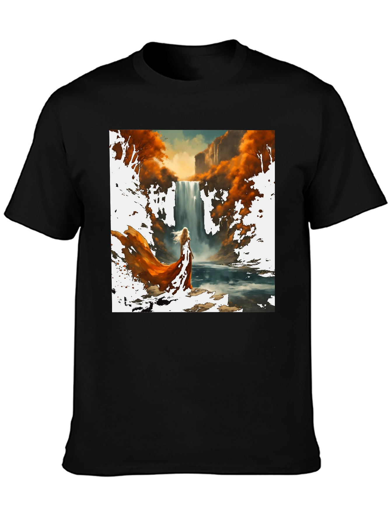 Waterfall Art Print Black T-Shirt