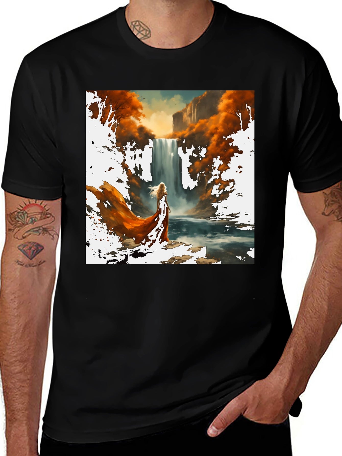 Waterfall Art Print Black T-Shirt