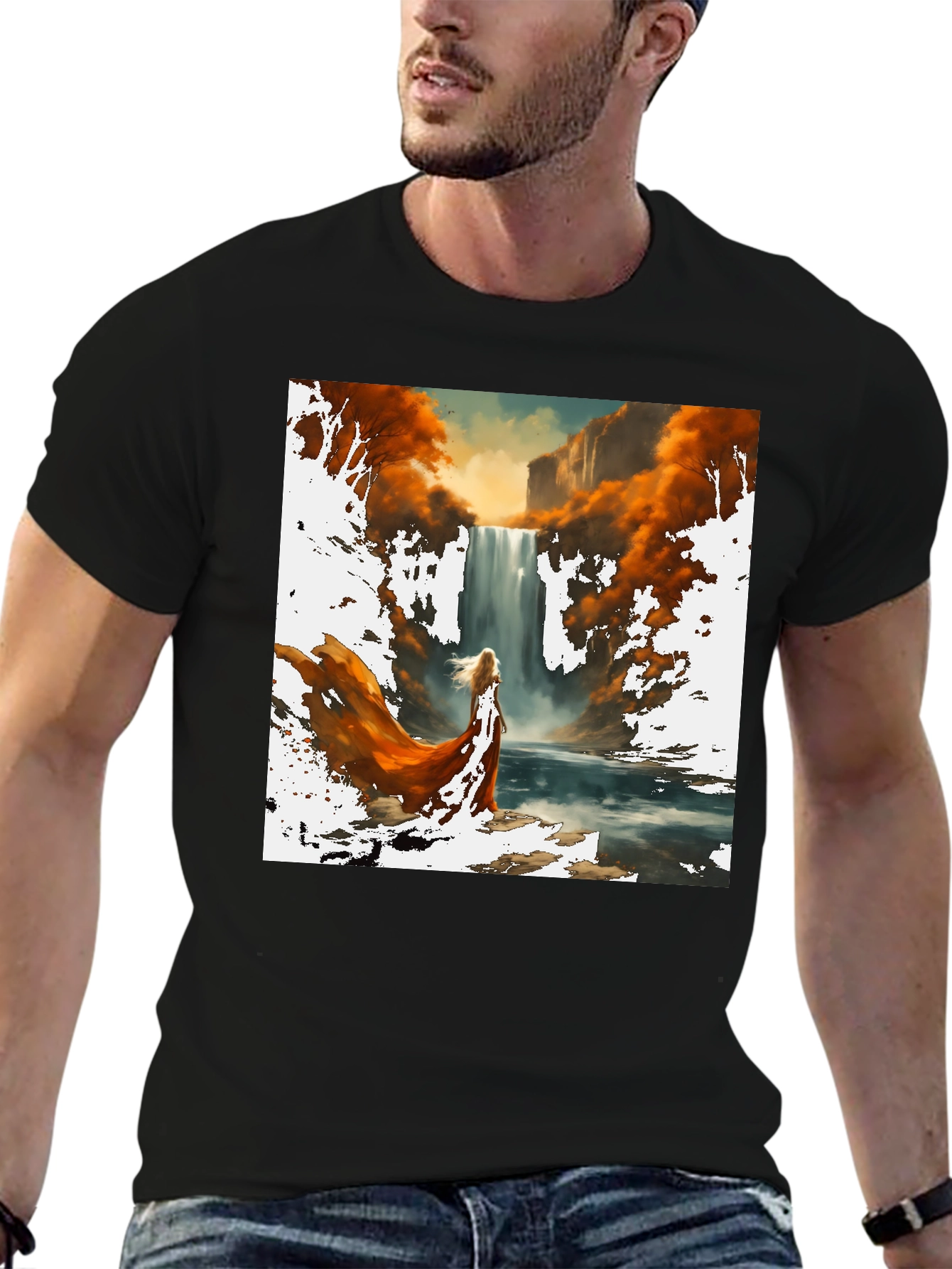 Waterfall Art Print Black T-Shirt