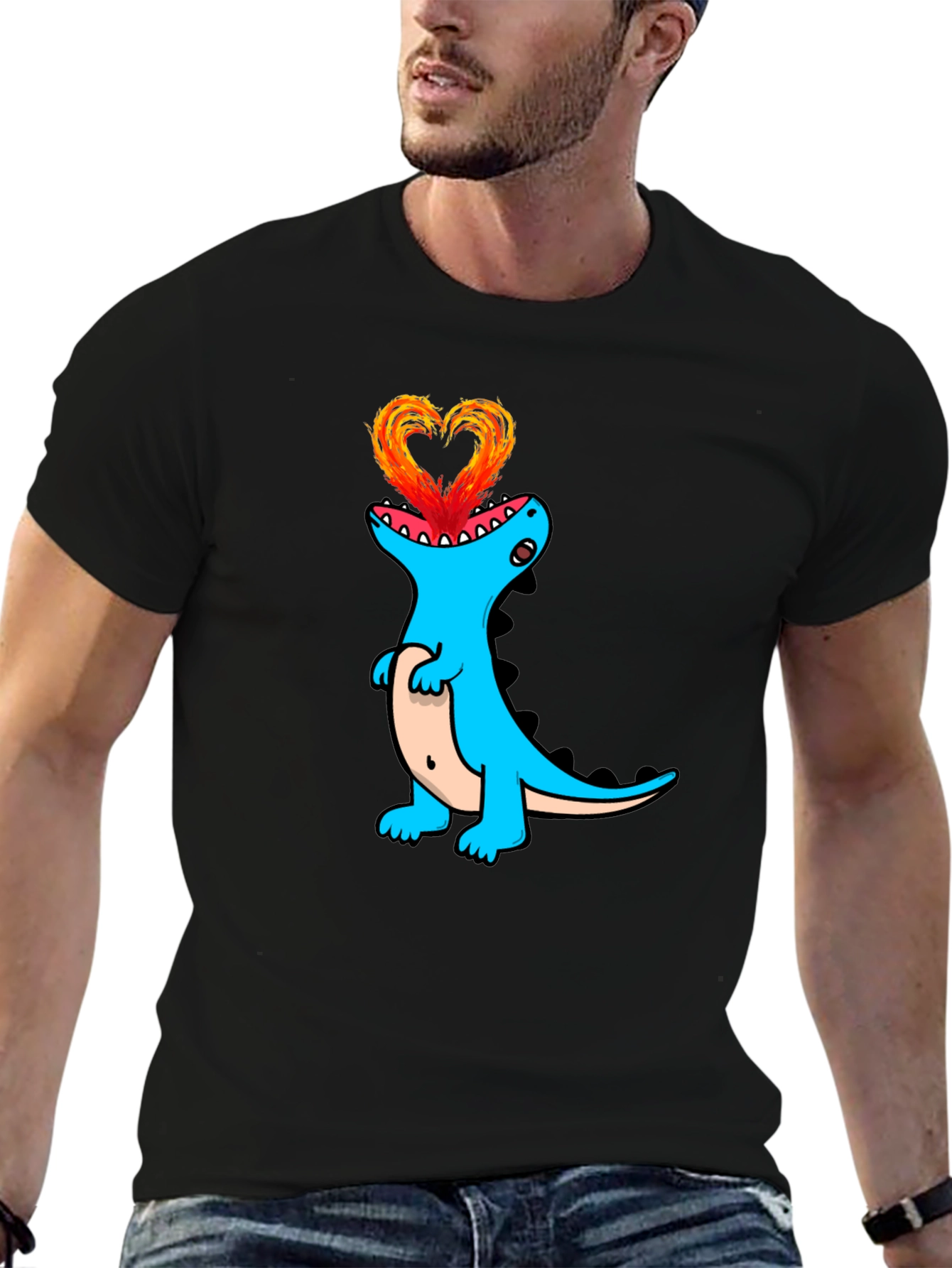 Dino Love Black T-Shirt - Heart Fire Design