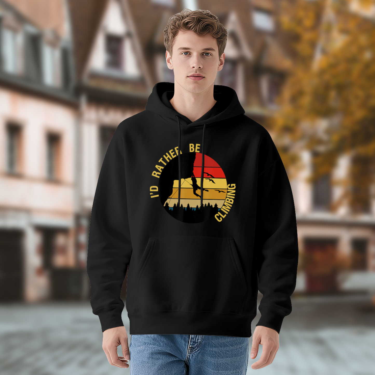 I¡¯d Rather Be Climbing Retro Sunset Black Hoodie, Soft Outdoor Sport Hoodie