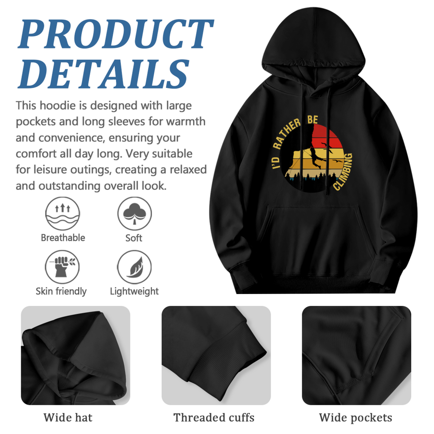 I¡¯d Rather Be Climbing Retro Sunset Black Hoodie, Soft Outdoor Sport Hoodie
