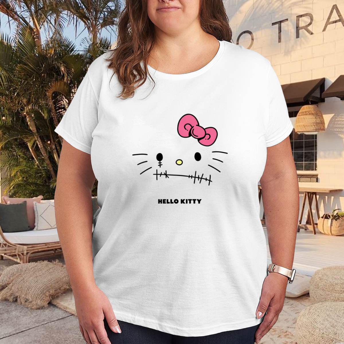 Spooky Stitched?Mouth Hello Kitty Horror Vibe Plus?Size Tee