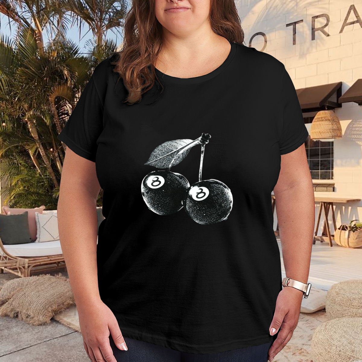 Retro 8?Ball Cherry Vintage Art Plus?Size Women Black Graphic T?Shirt