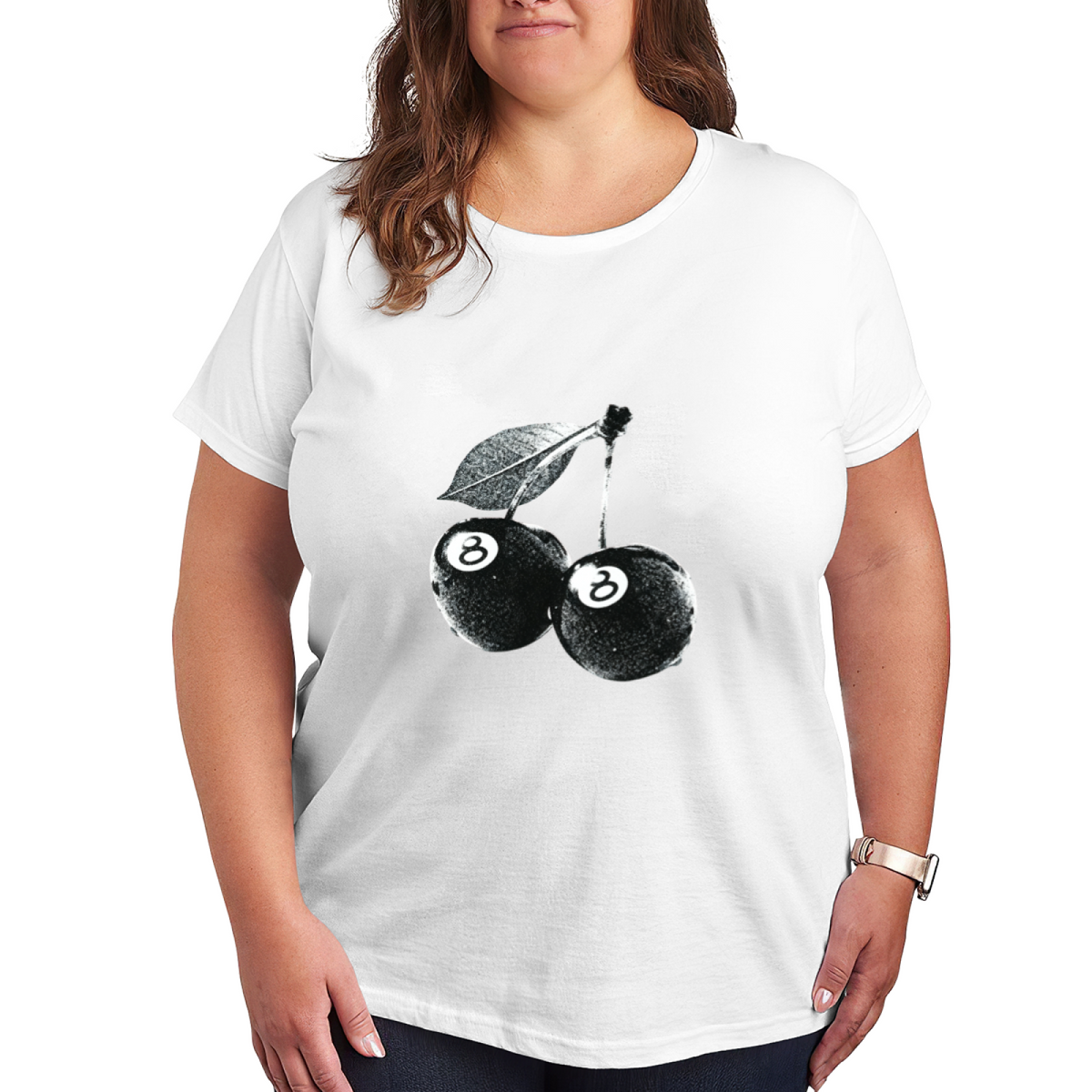 Retro 8?Ball Cherry Vintage Art Plus?Size Women Black Graphic T?Shirt