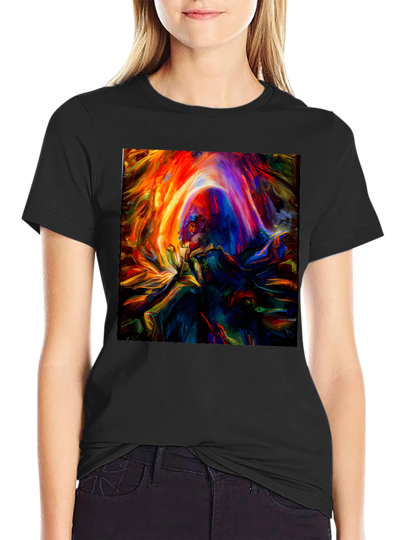 Vibrant Abstract Art Graphic Print Black T-Shirt