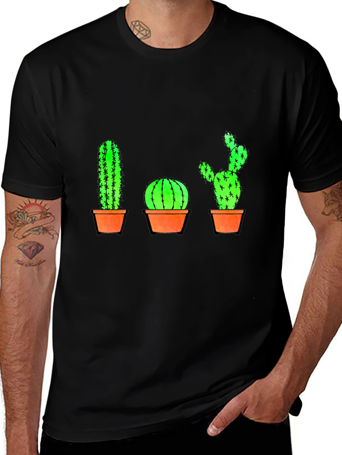 Cactus Graphic Print T-Shirt - Black Cotton Casual Tee