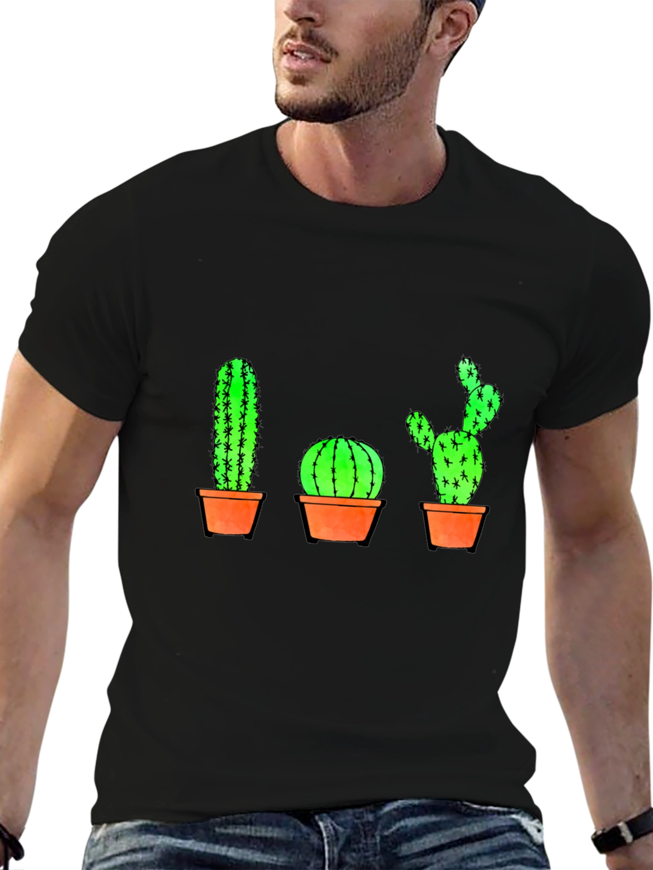 Cactus Graphic Print T-Shirt - Black Cotton Casual Tee