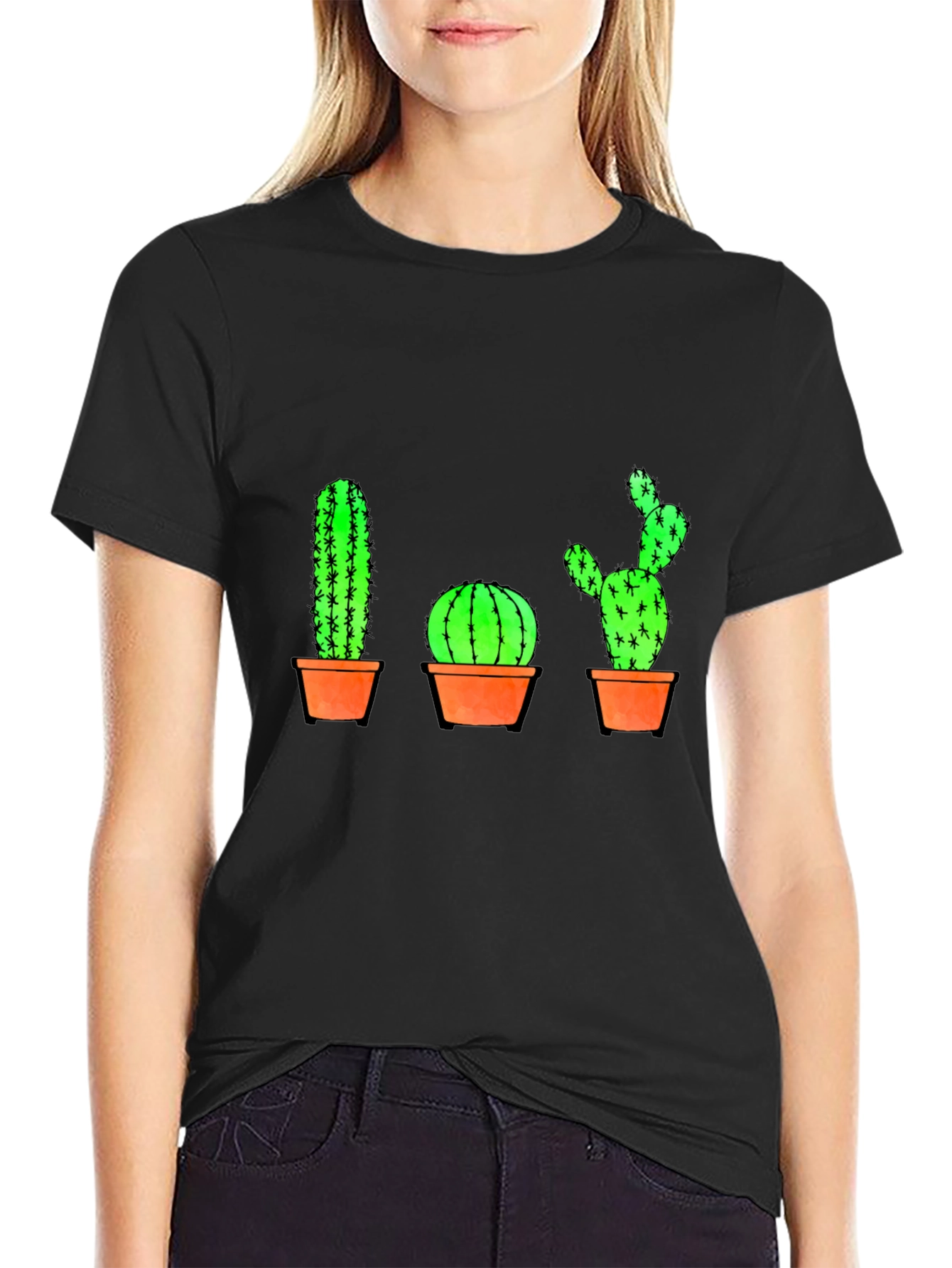 Cactus Graphic Print T-Shirt - Black Cotton Casual Tee