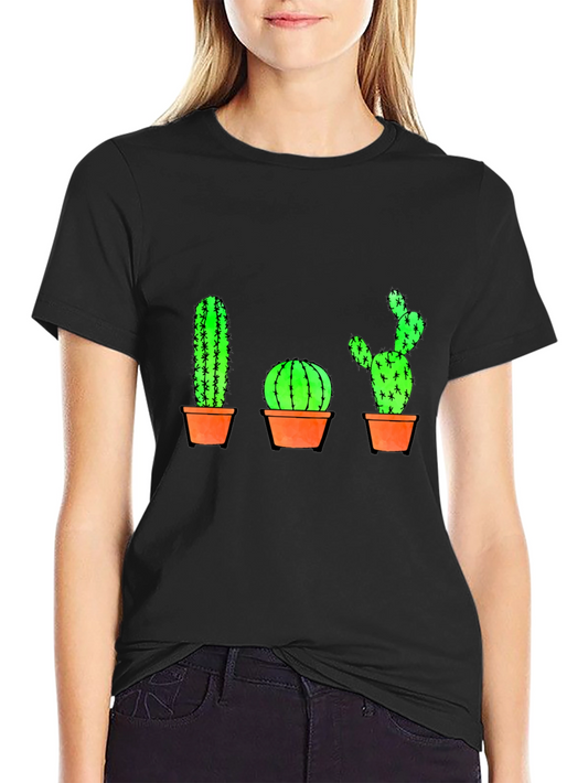 Cactus Graphic Print T-Shirt - Black Cotton Casual Tee