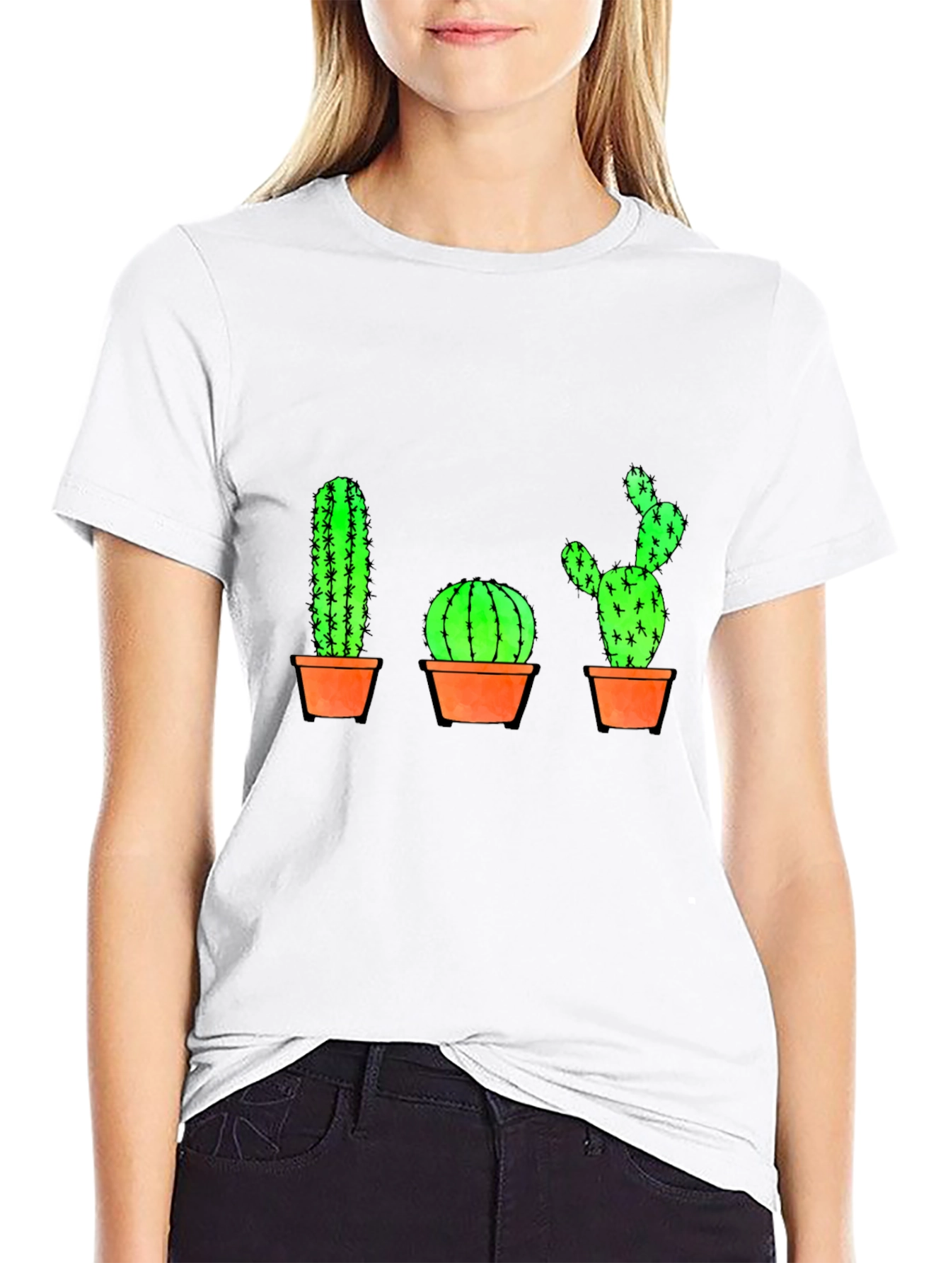 Cactus Graphic Print T-Shirt - Black Cotton Casual Tee