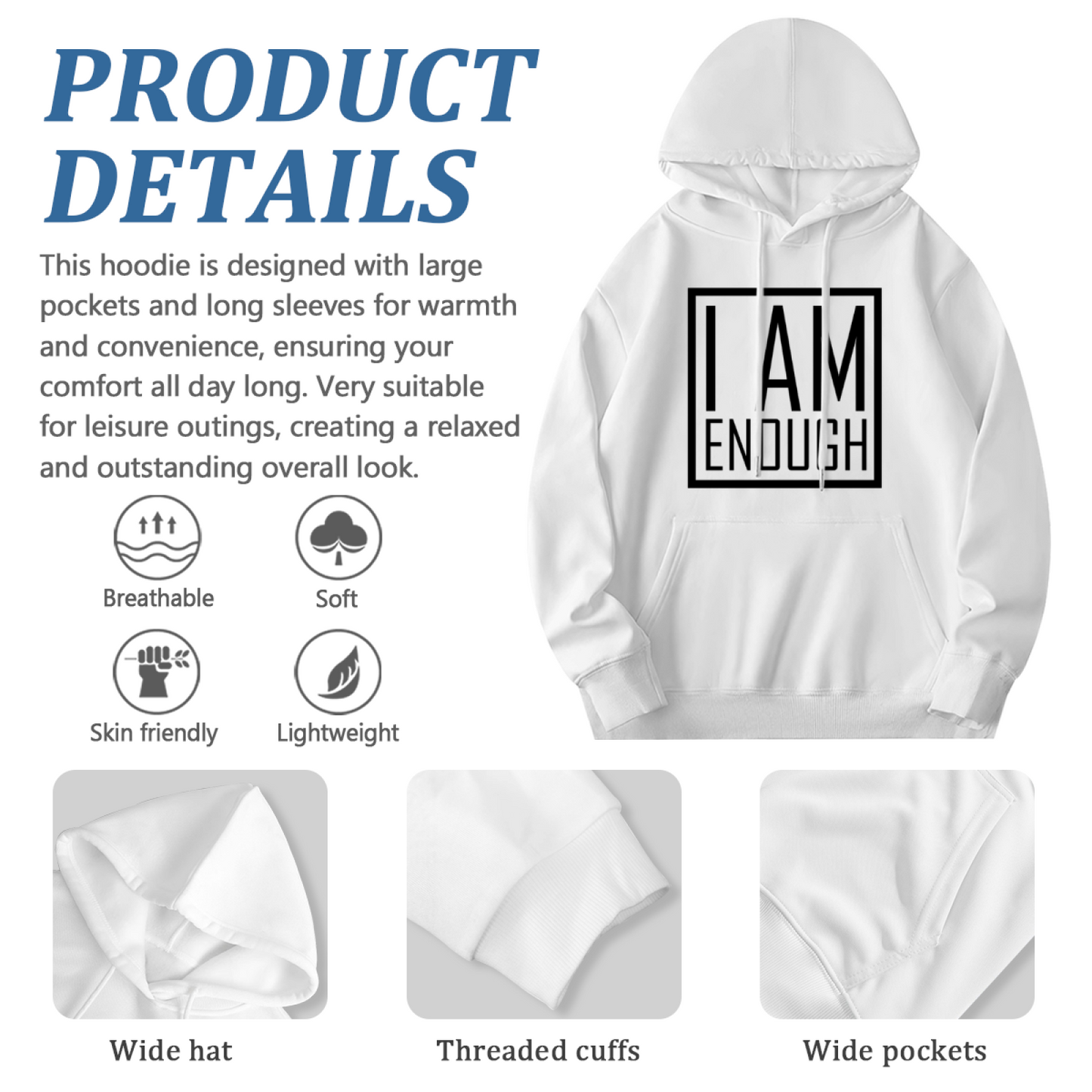 Unisex Colorblock Hoodie: I Am Enough Inspirational Quote, Soft Feel