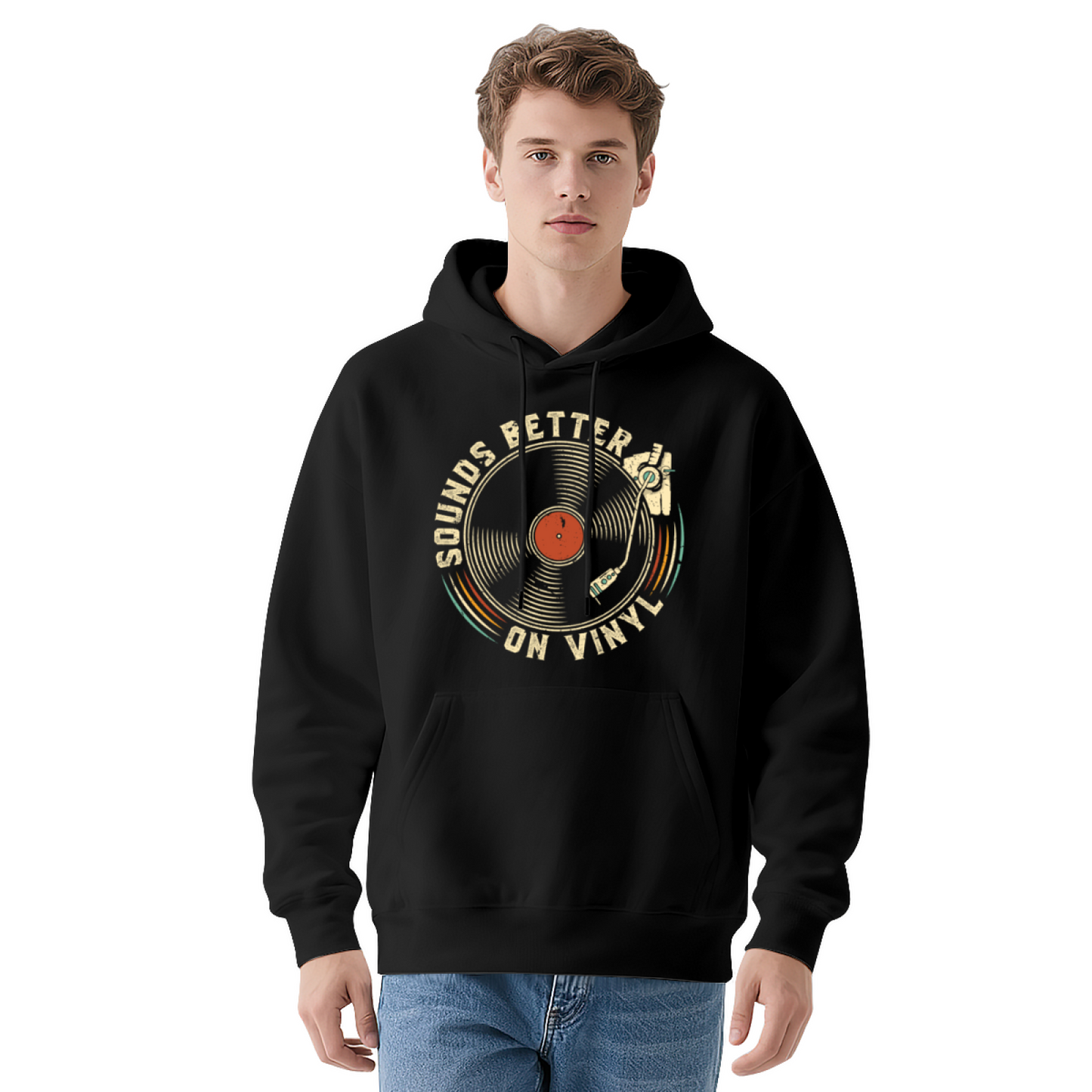 Vintage Vinyl Record Graphic Men Hoodie, Soft Retro Comfort