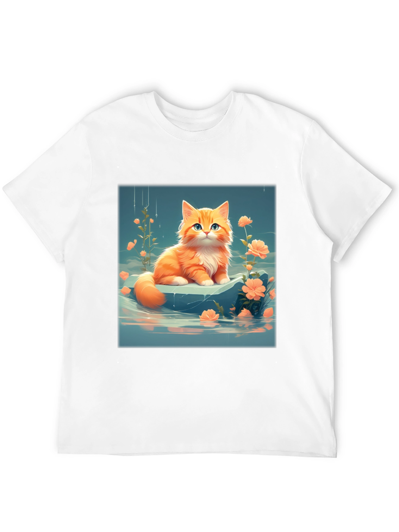 Cute Kitten & Flowers Graphic Black T-Shirt
