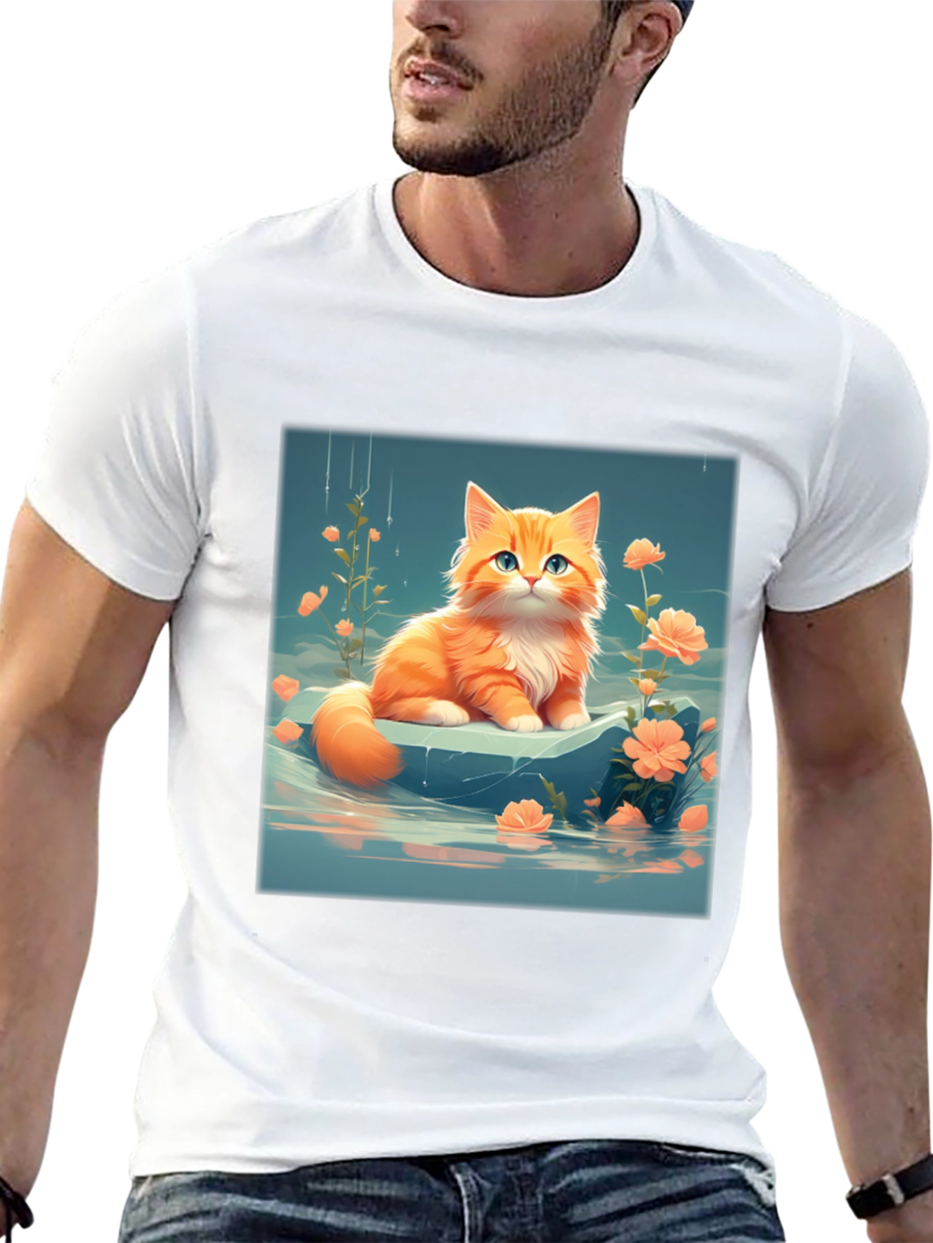 Cute Kitten & Flowers Graphic Black T-Shirt