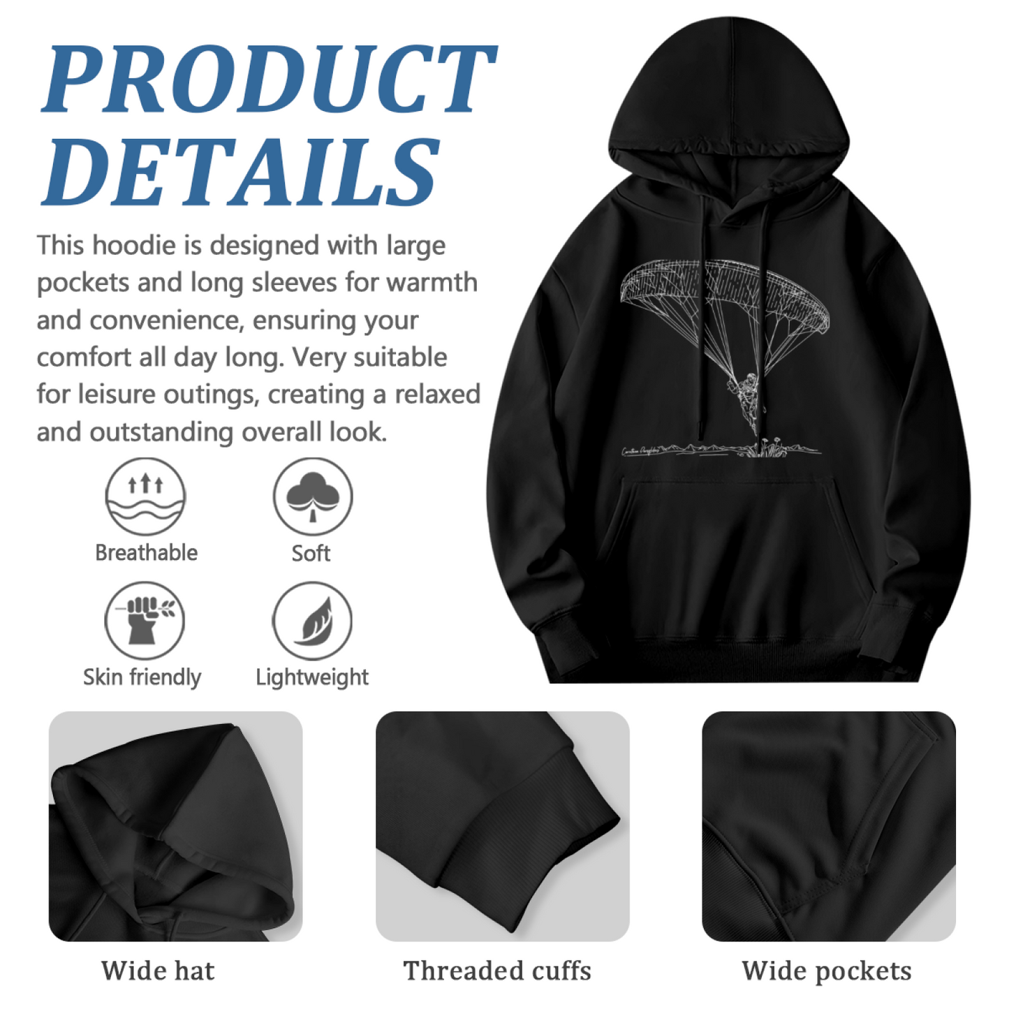 Paragliding Line Art Black Hoodie, Outdoor Sport Lover Ultra Comfort Sweatshirt