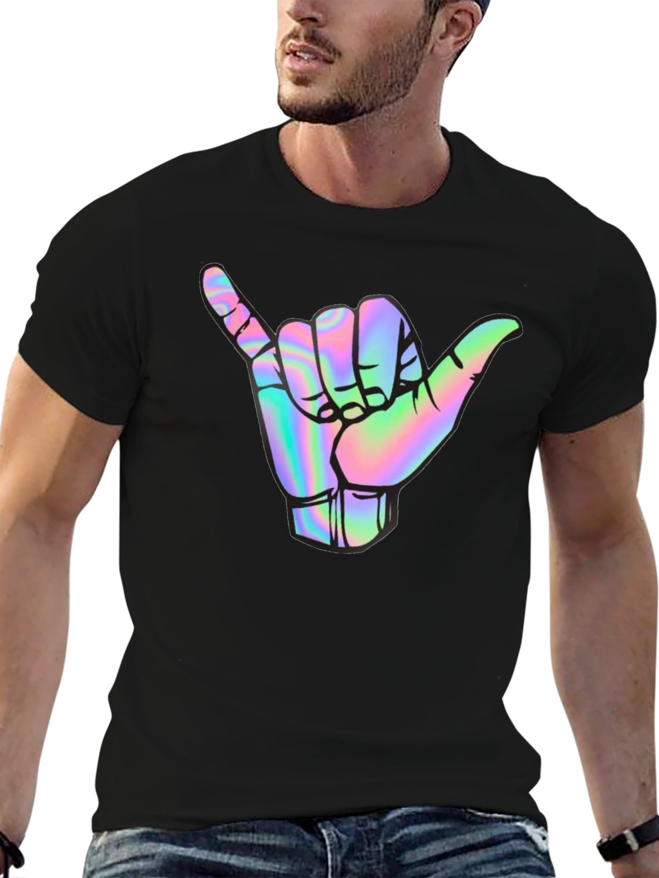 Holographic Shaka Hand Black T-Shirt