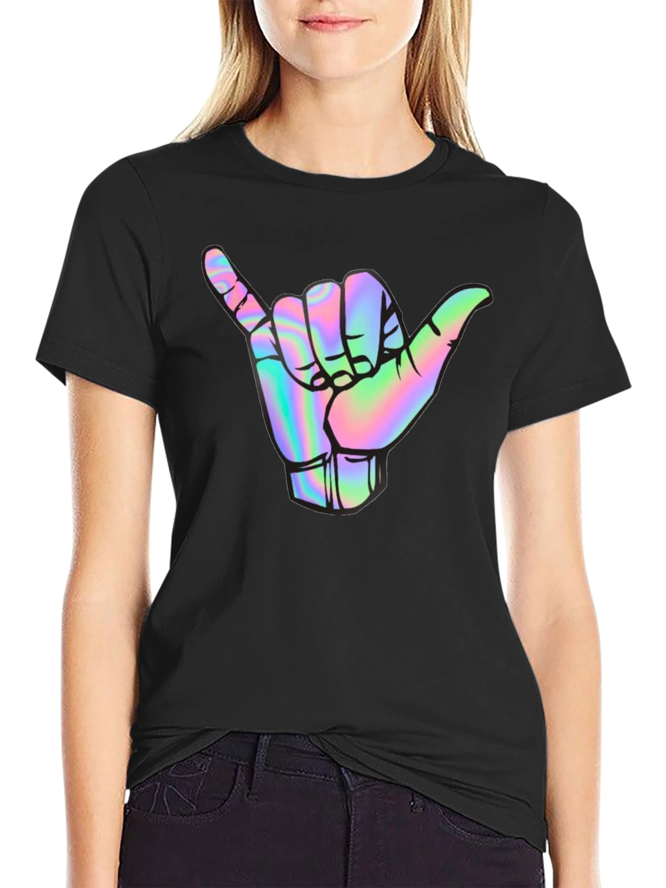 Holographic Shaka Hand Black T-Shirt