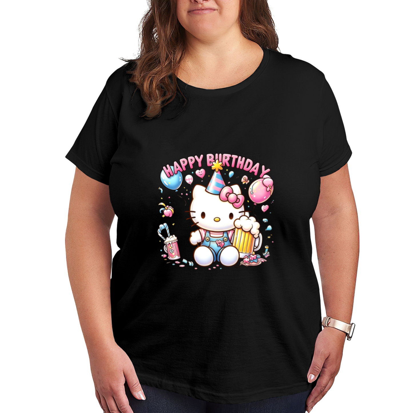 Party Vibe Birthday Hello Kitty Plus?Size White Graphic Tee