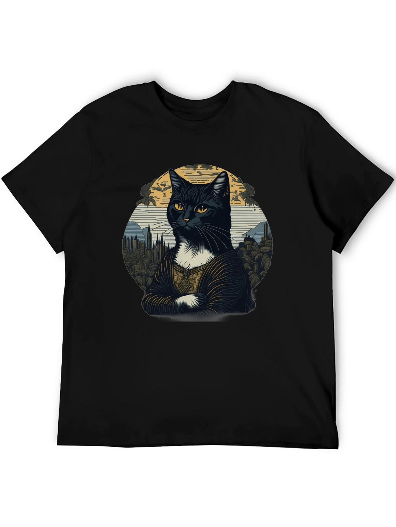 Mona Lisa Cat T-Shirt - Artistic Black Tee
