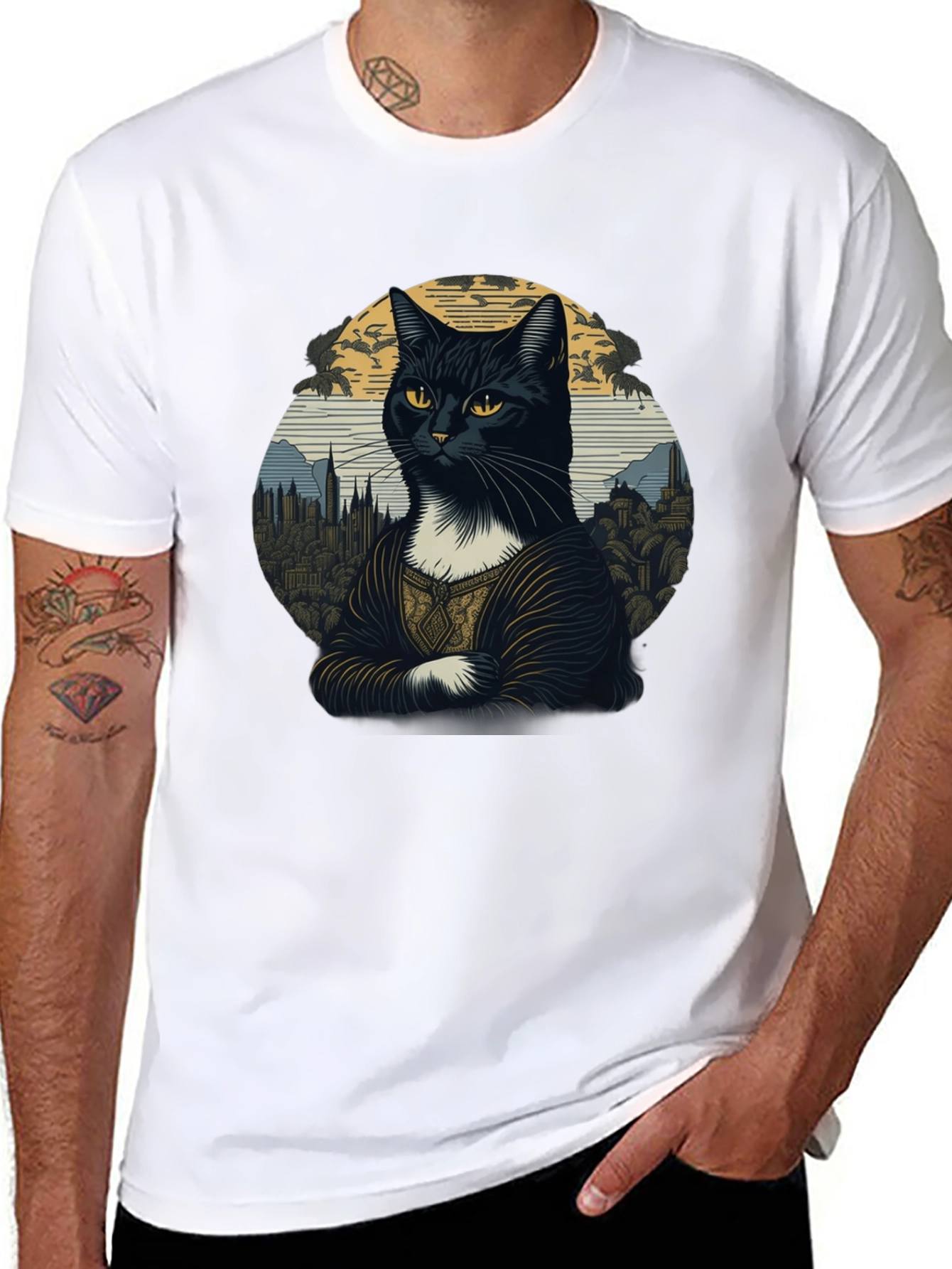 Mona Lisa Cat T-Shirt - Artistic Black Tee