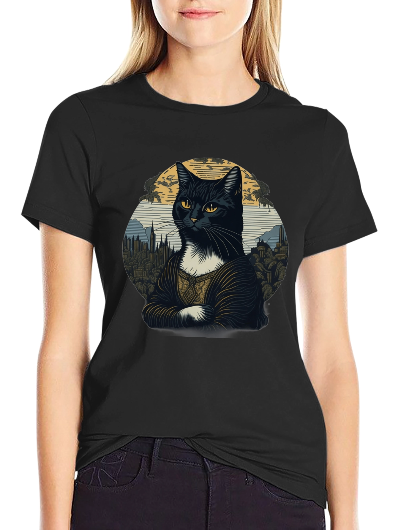 Mona Lisa Cat T-Shirt - Artistic Black Tee