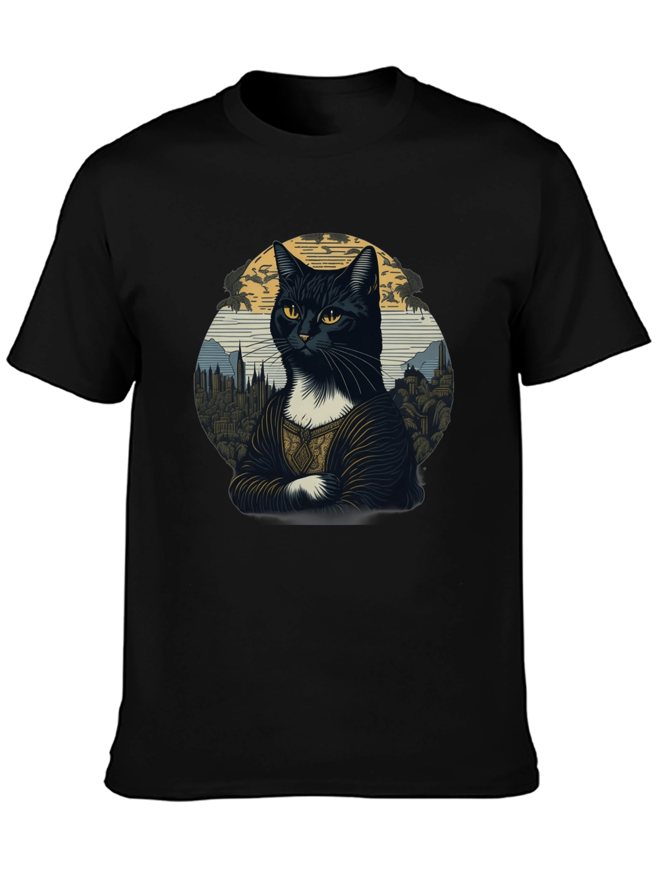 Mona Lisa Cat T-Shirt - Artistic Black Tee