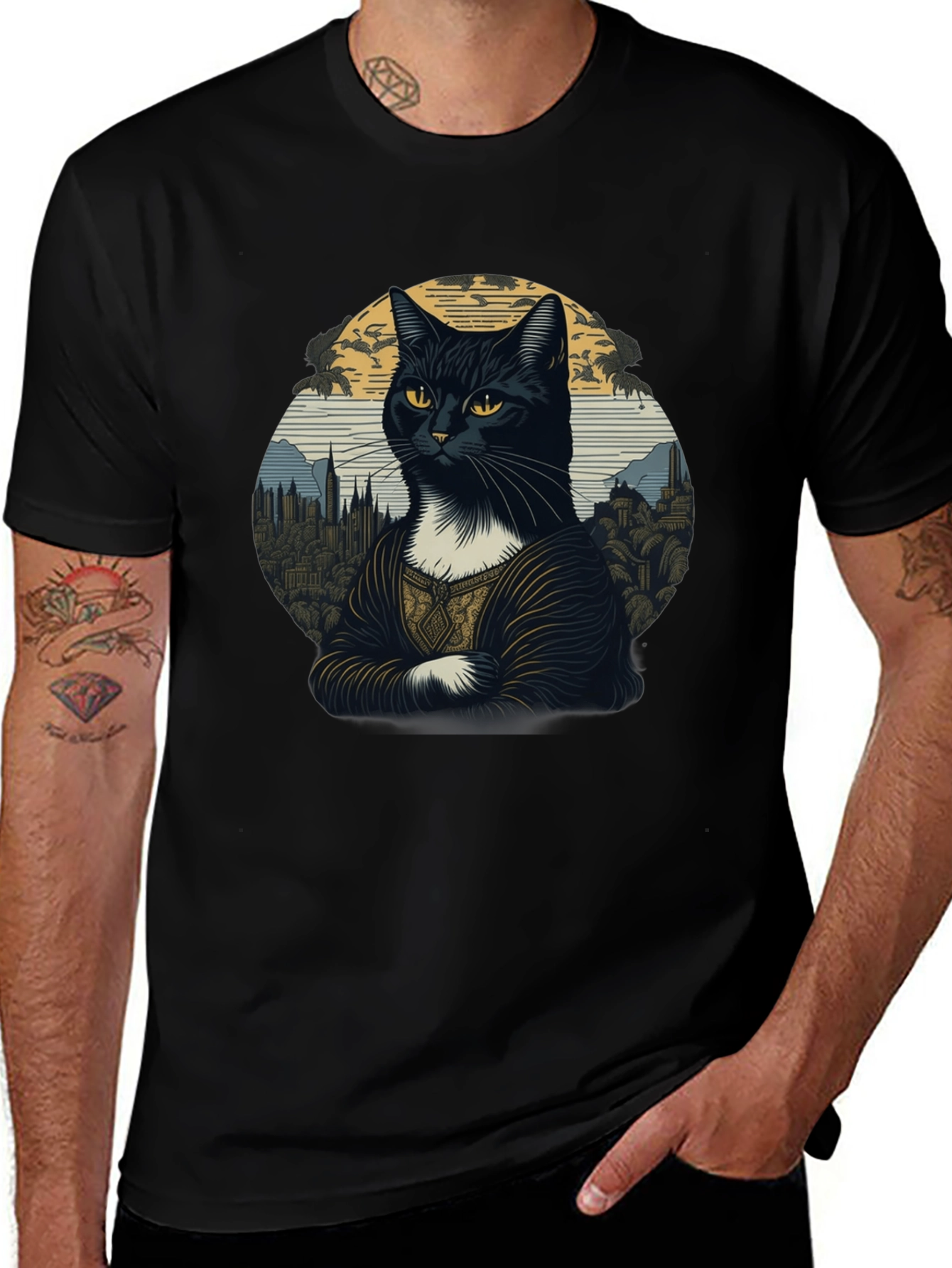 Mona Lisa Cat T-Shirt - Artistic Black Tee