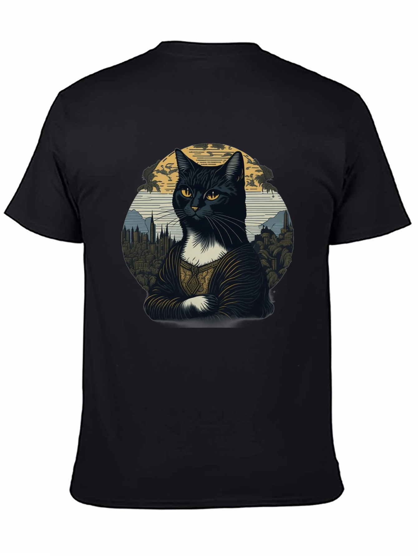 Mona Lisa Cat T-Shirt - Artistic Black Tee