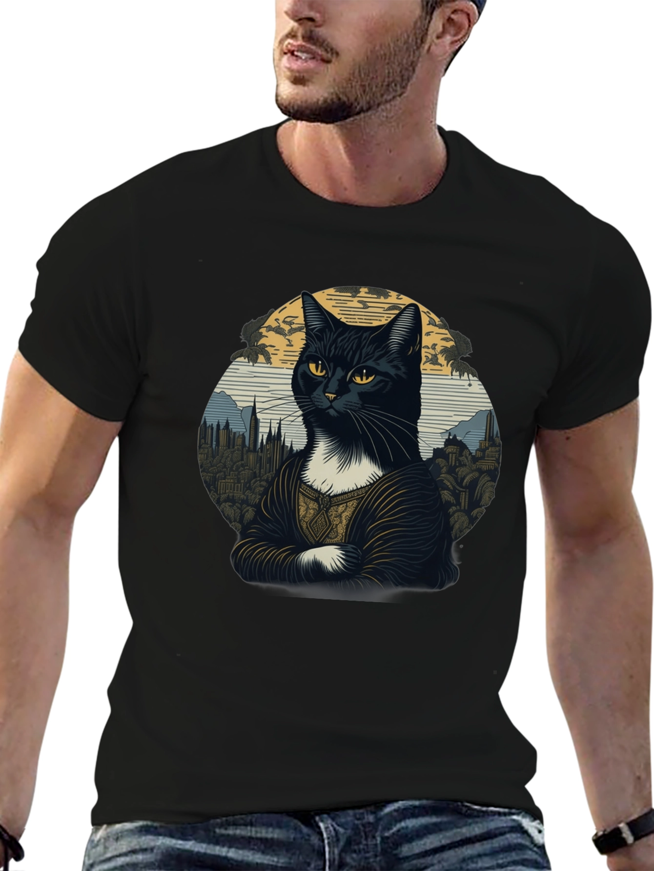 Mona Lisa Cat T-Shirt - Artistic Black Tee