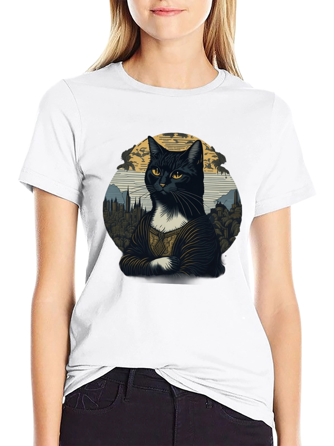 Mona Lisa Cat T-Shirt - Artistic Black Tee