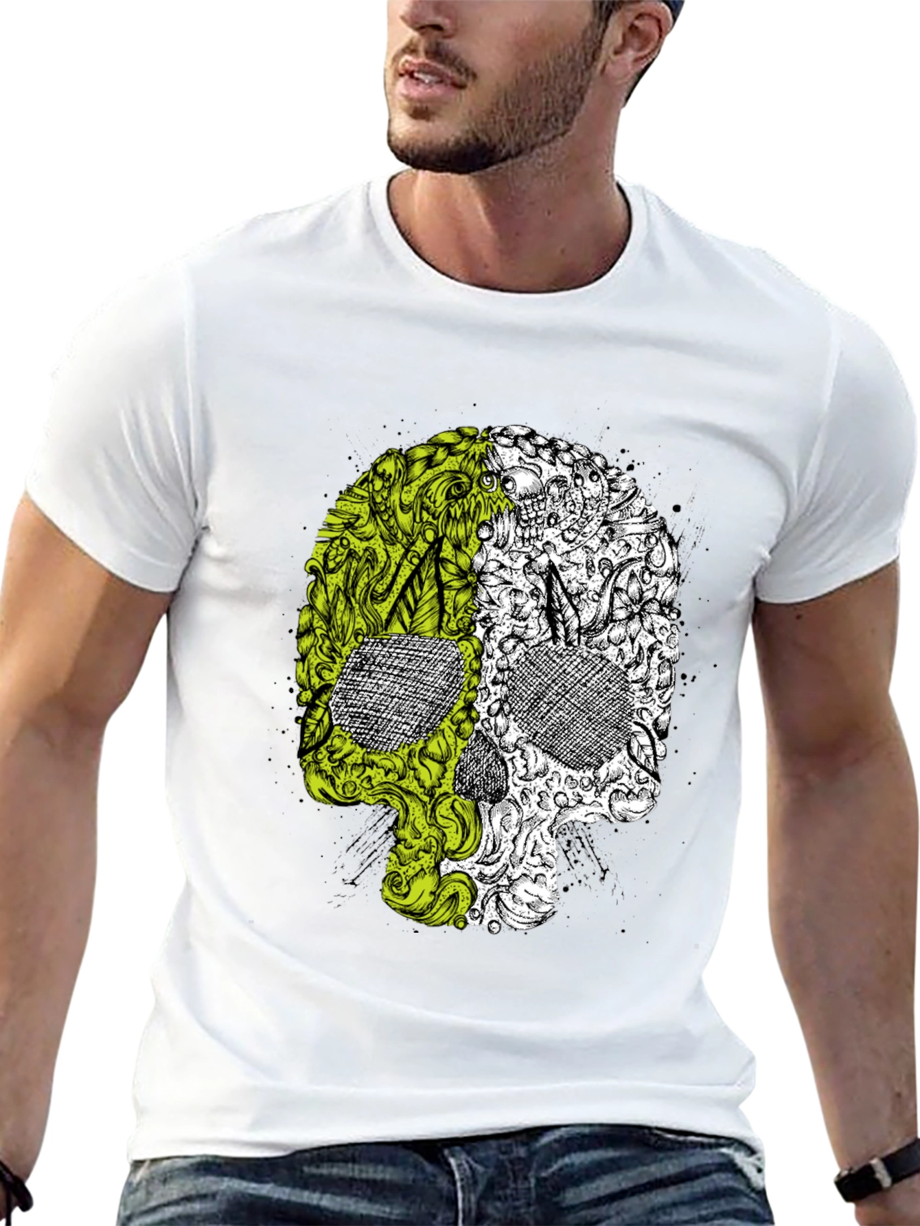 Skull Graphic Tee - Green & White Halloween T-Shirt
