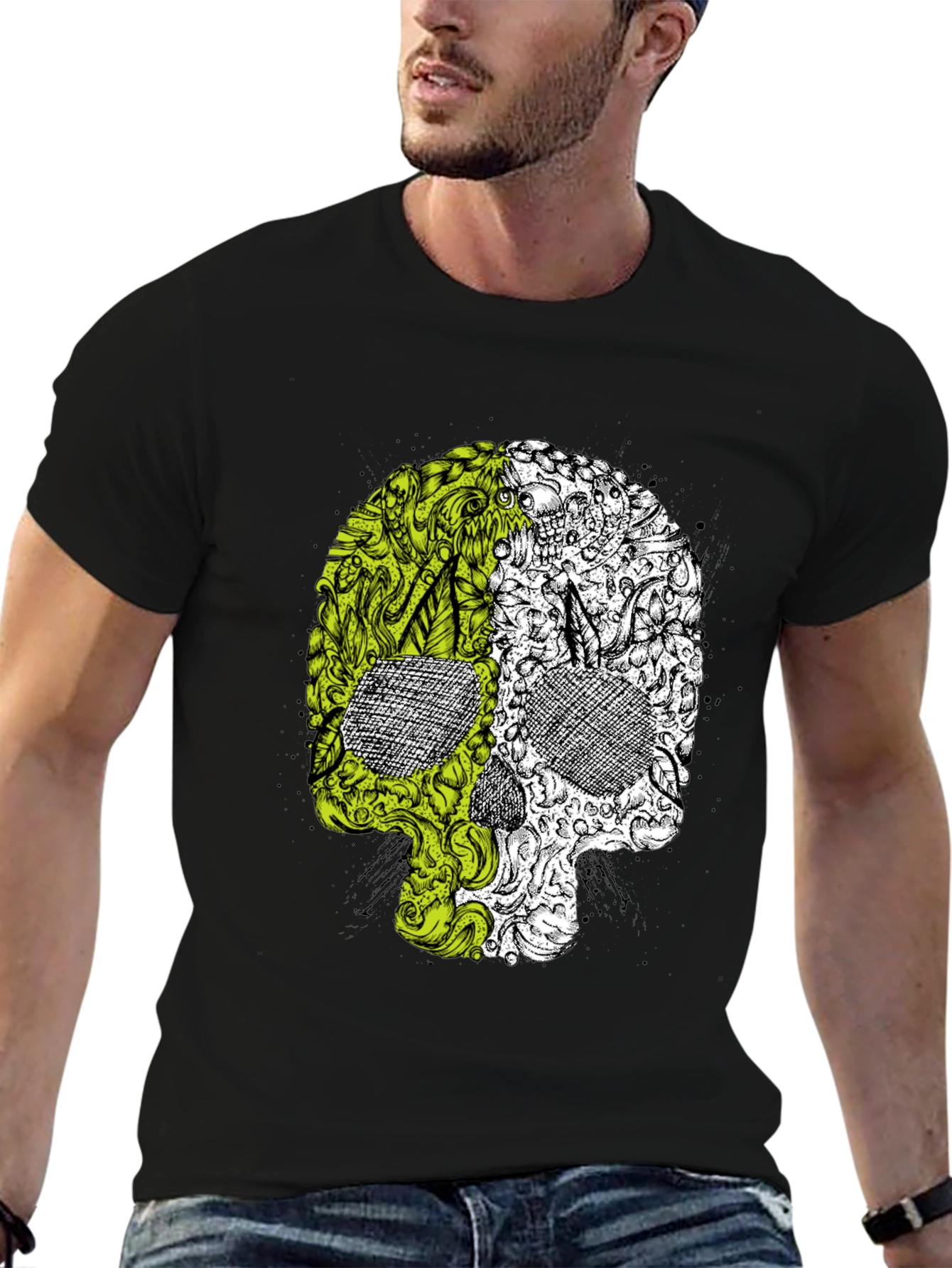 Skull Graphic Tee - Green & White Halloween T-Shirt