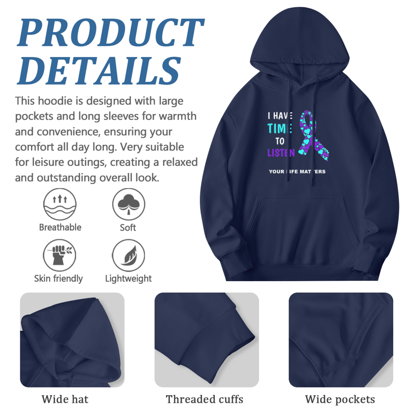 I Have Time To Listen Mental Health Awareness Ribbon Hoodie, Gentle Cozy Fit