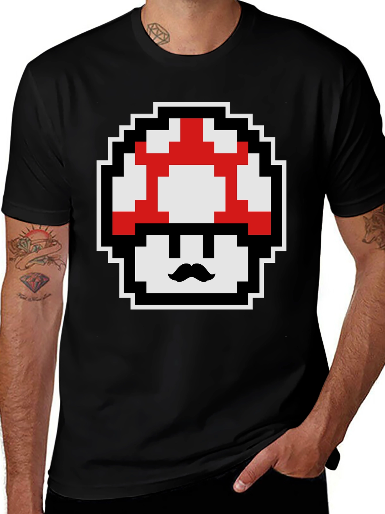 Retro Pixel Mushroom Graphic Tee - Black Cotton Blend