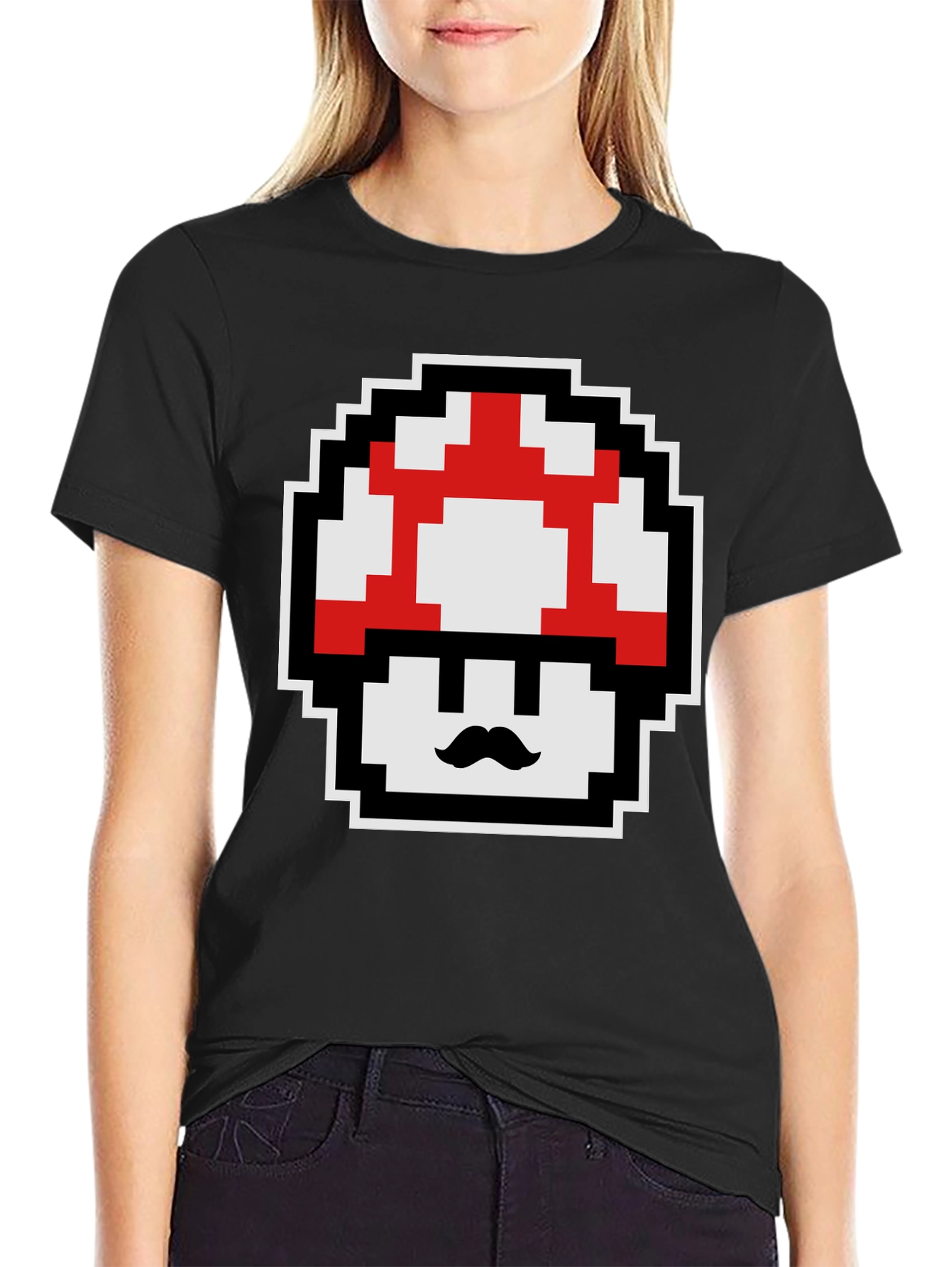 Retro Pixel Mushroom Graphic Tee - Black Cotton Blend