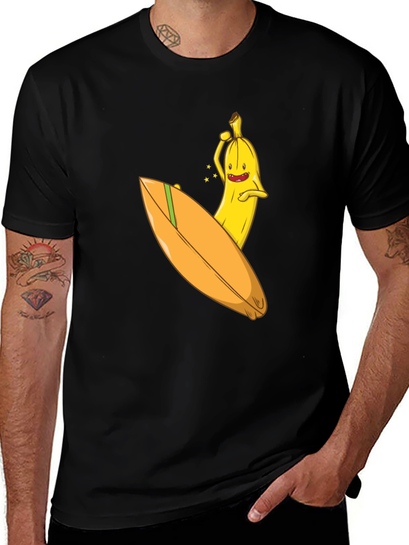 Surfing Banana Graphic Tee - Black Cotton T-Shirt