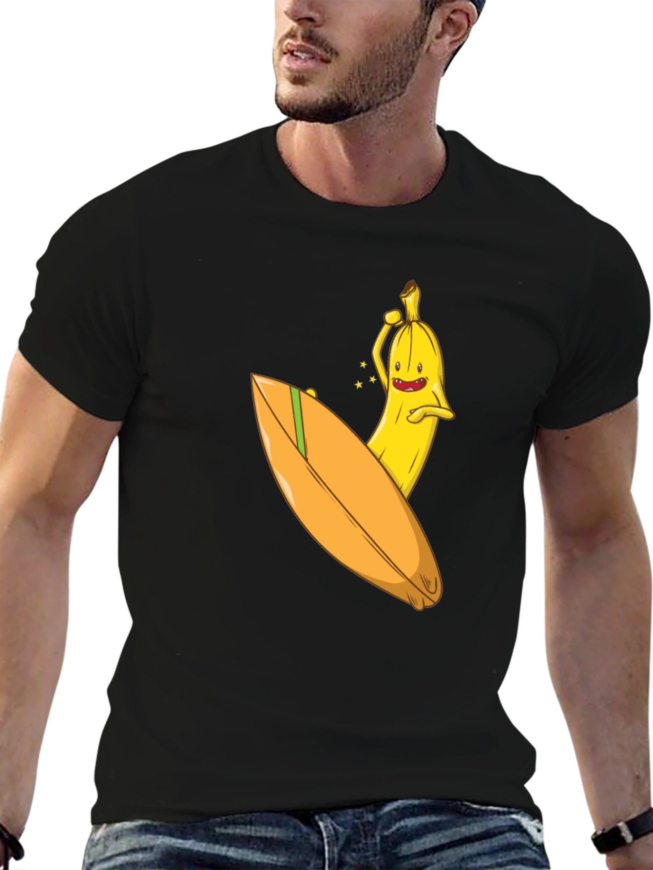 Surfing Banana Graphic Tee - Black Cotton T-Shirt